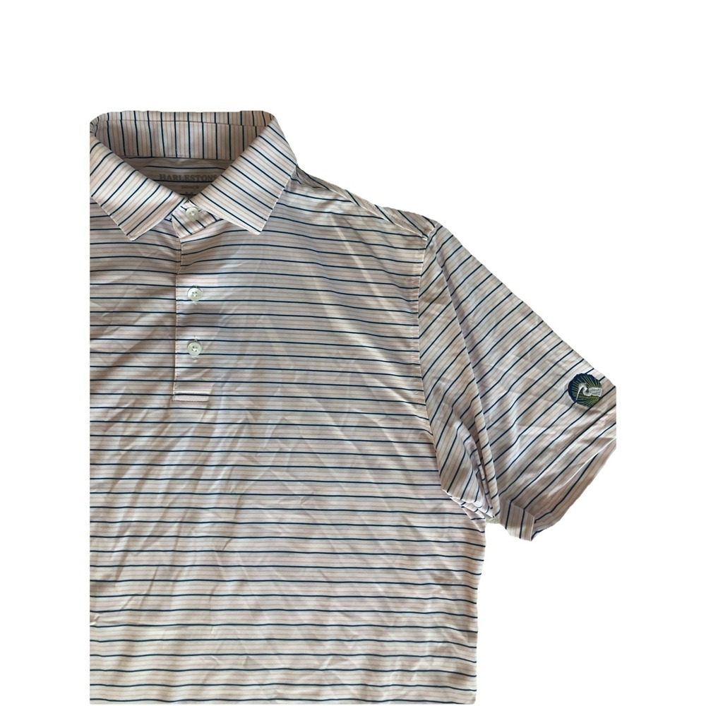 Harlestons‎ Mens Striped Short Sleeve Golf Embroidered Shirt Med Peach Blue Logo